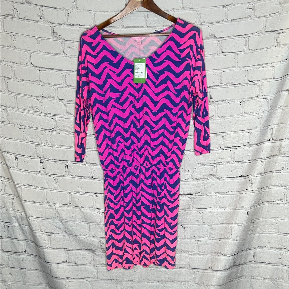 Lilly Pulitzer Pink & Navy Chevron V-Neck Stretch Dress Size Small NWT